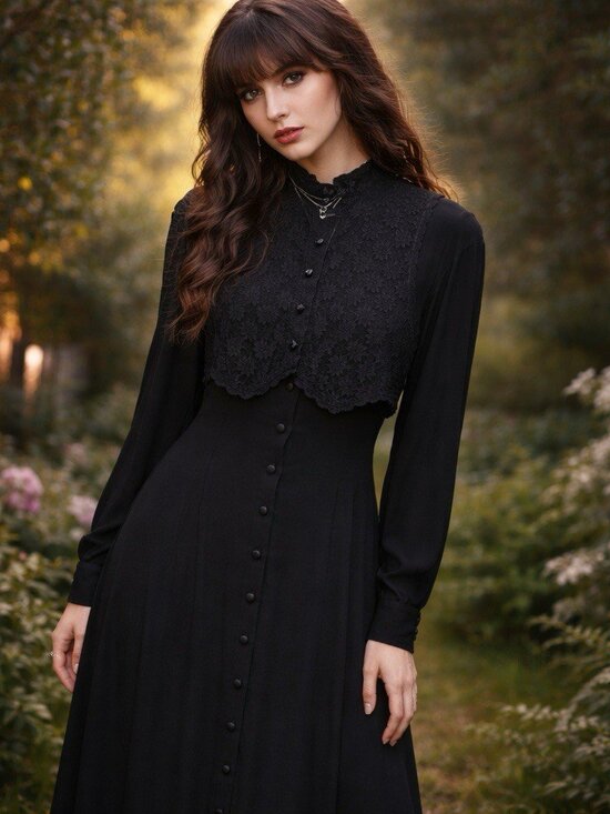David Warren Dresses & Skirts - VTG David Warren Sz L Lace Vest Long Sleeve Button Front Midi Whimsigoth Dress